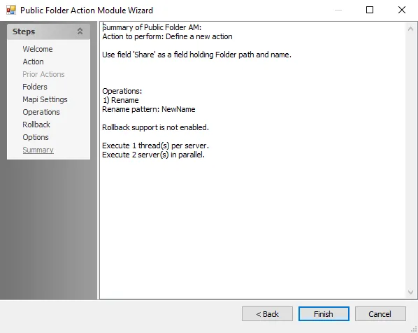 Public Folder Action Module Wizard Summary page