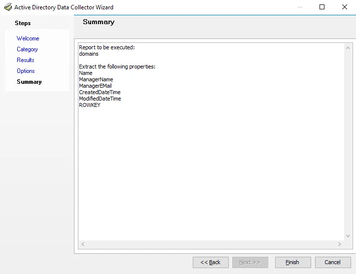 Active Directory Data Collector Wizard Summary page