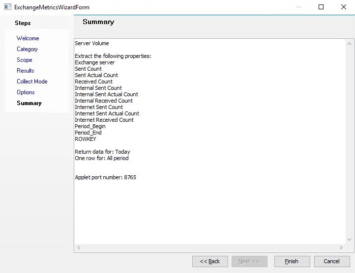 Exchange Metrics Data Collector Wizard Summary page