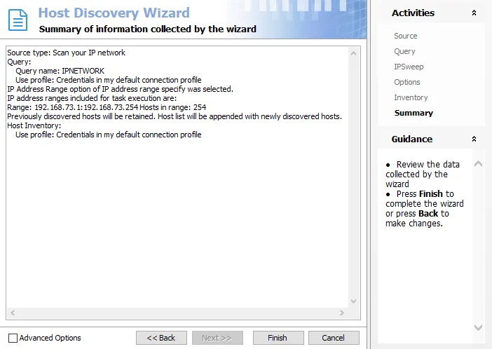 Host Discovey Wizard Summary page for IP network scan