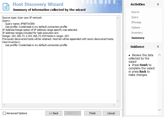 Host Discovey Wizard Summary page for IP network scan