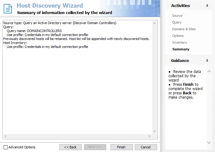 Host Discovey Wizard Summary page for AD Domain Controllers query