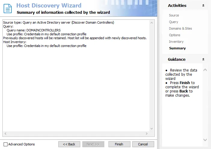 Host Discovey Wizard Summary page for AD Domain Controllers query
