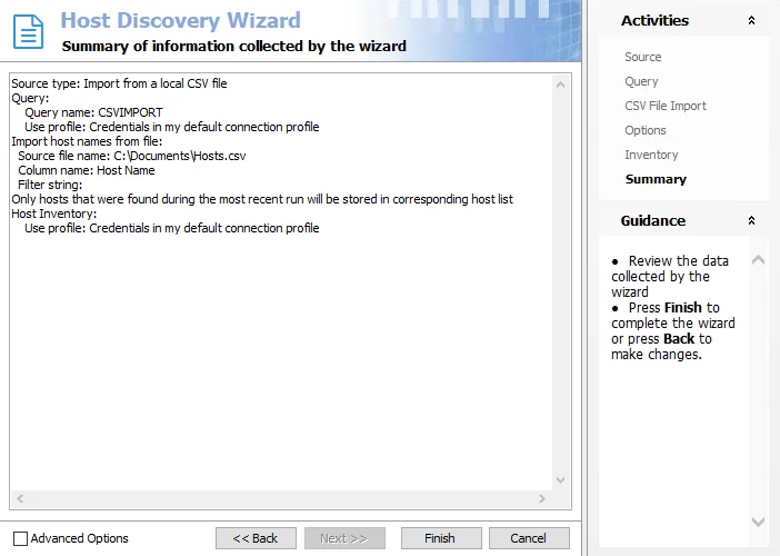 Host Discovery Wizard Summary page for CSV import