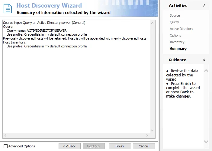 Host Discovery Wizard Summary page for AD General