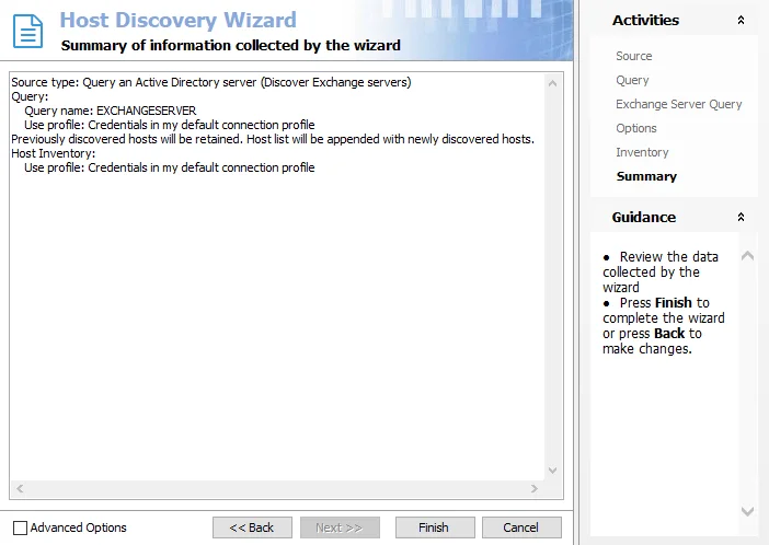Host Discovery Wizard Summary page for AD Exchange