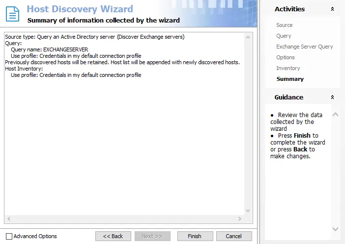 Host Discovery Wizard Summary page for AD Exchange