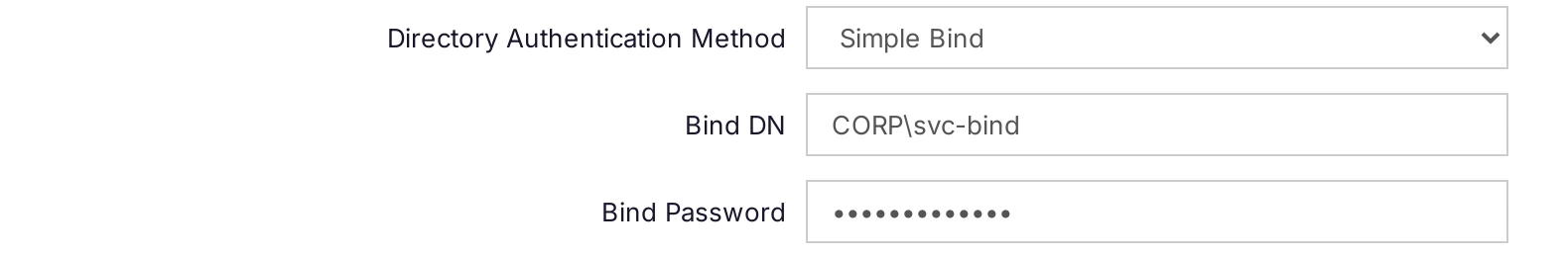 The Directory Authentication Method set to Simple Bind, with the Bind DN and Bind Password fields