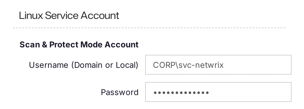 The Linux Service Account with the Scan &amp; Protect Mode Account username and password