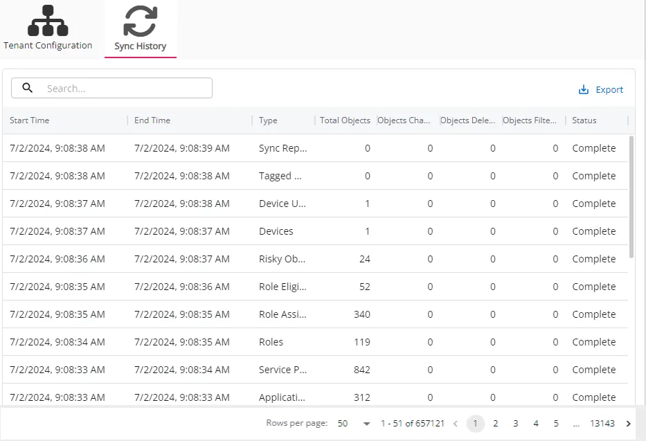 Active Directory Sync details page for a specific domain showing the Sync History tab