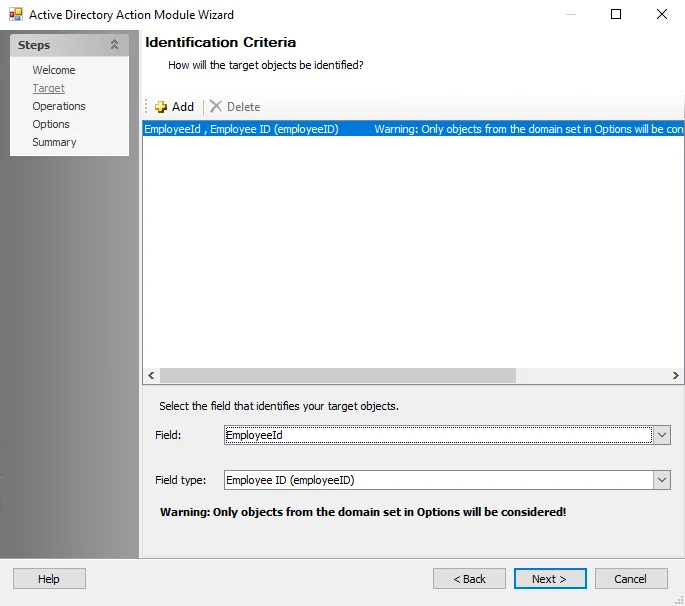 Active Directory Action Module Wizard Target page