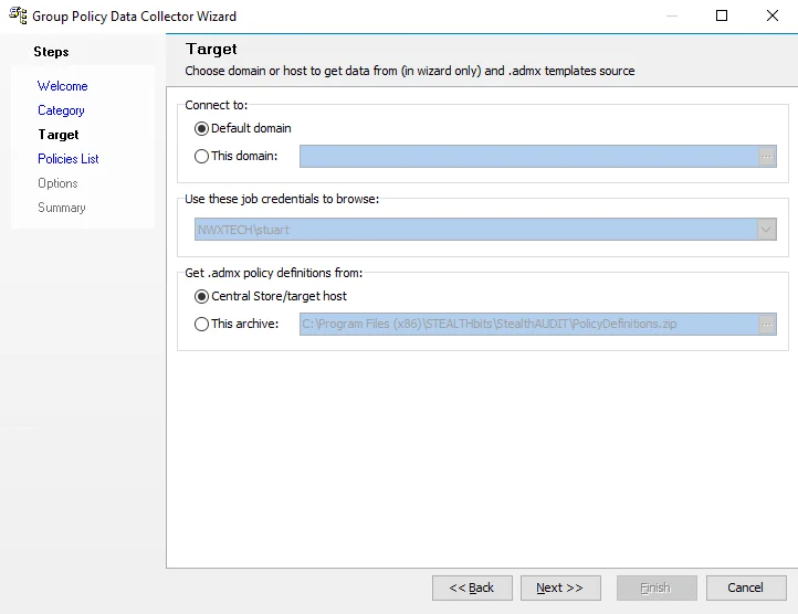 Group Policy Data Collector Wizard Target page