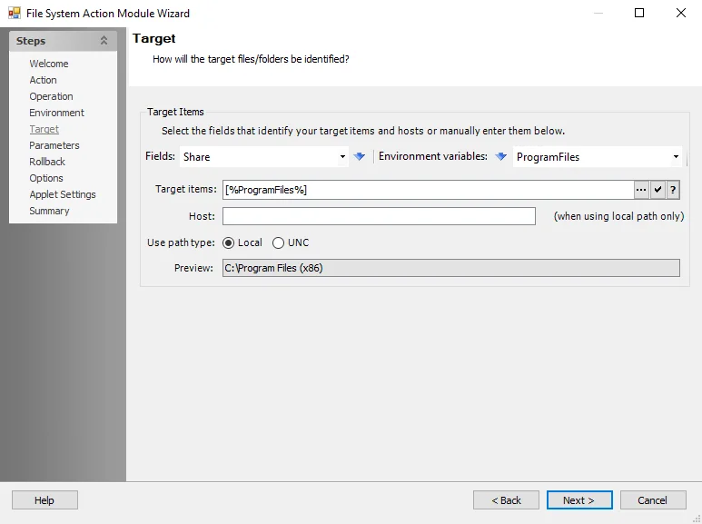 File System Action Module Wizard Target page