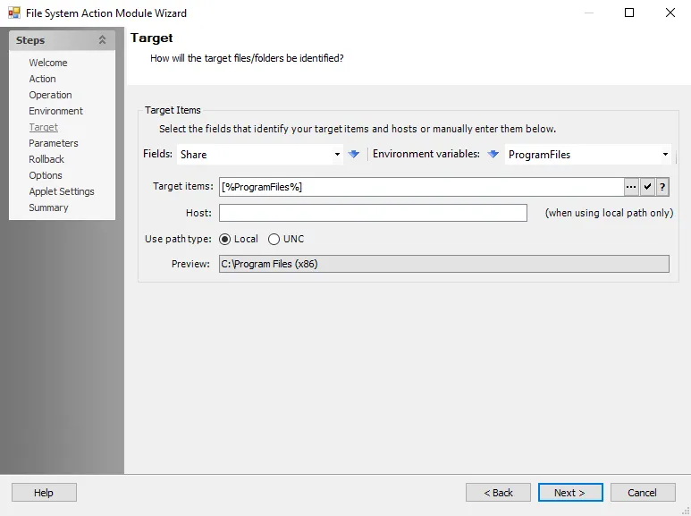 File System Action Module Wizard Target page