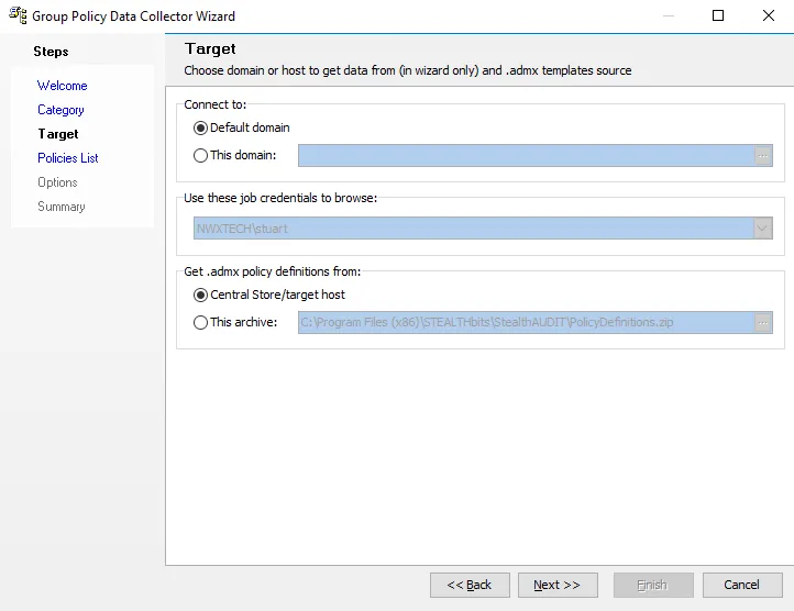 Group Policy Data Collector Wizard Target page