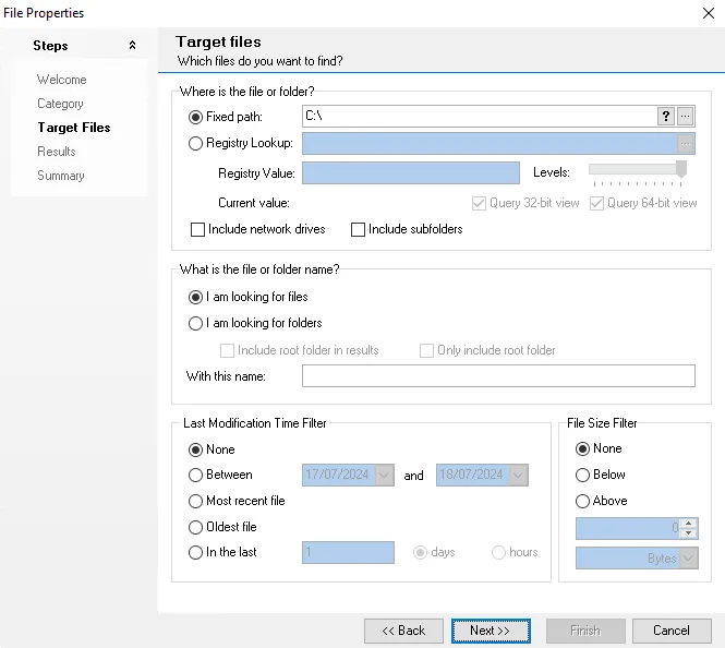 File Search Wizard Target Files page