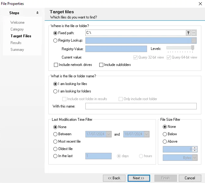 File Search Wizard Target Files page