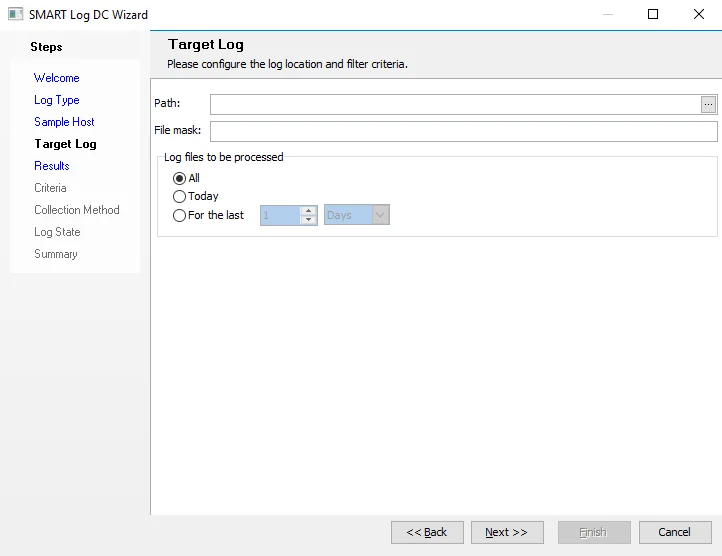 SMART Log DC Wizard Target Log page