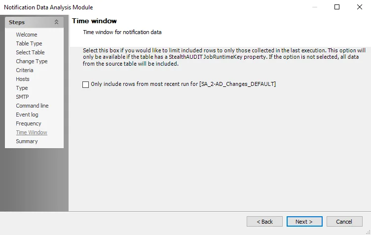 Notification Data Analysis Module wizard Time window page