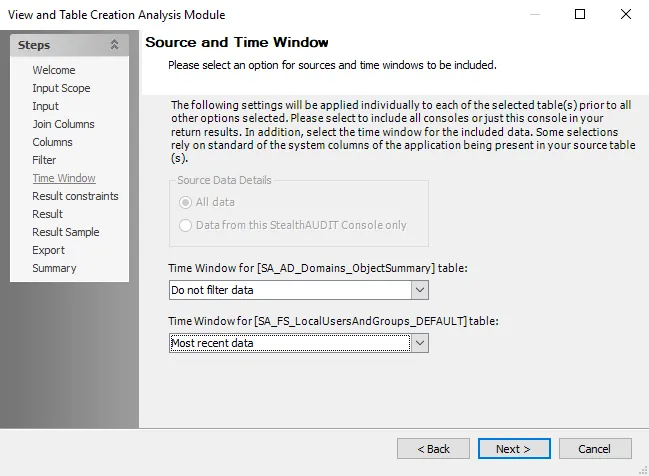 View and Table Creation Analysis Module wizard Source and Time Window page