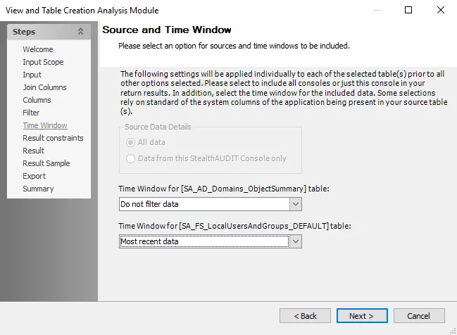 View and Table Creation Analysis Module wizard Source and Time Window page