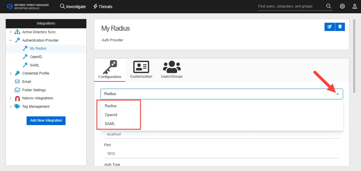 Integrations interface displaying the details for an Authentication Provider with the type drop-down menu open