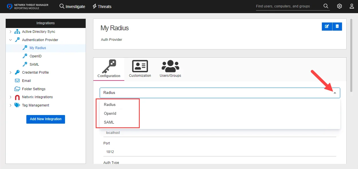 Integrations interface displaying the details for an Authentication Provider with the type drop-down menu open