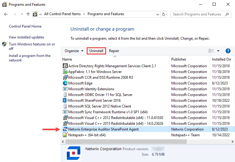 Windows Control Panel Uninstall or change a program window