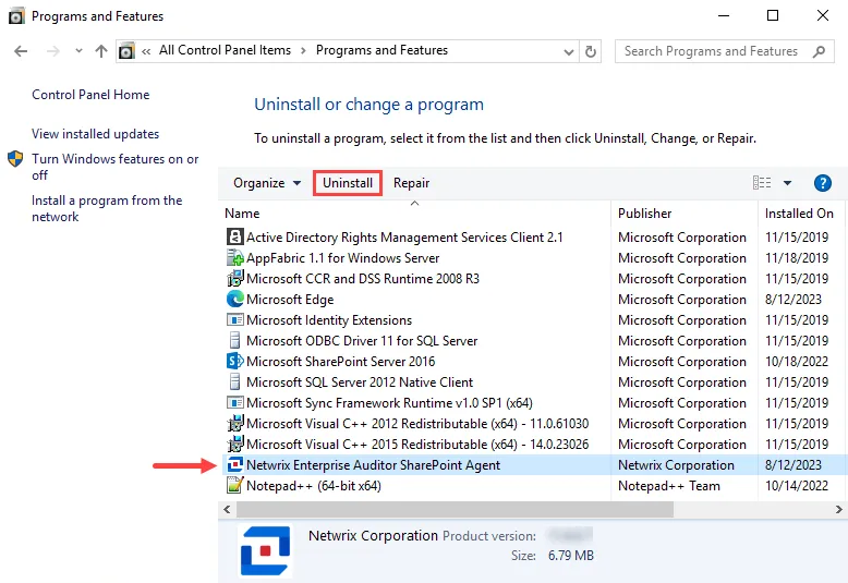 Windows Control Panel Uninstall or change a program window