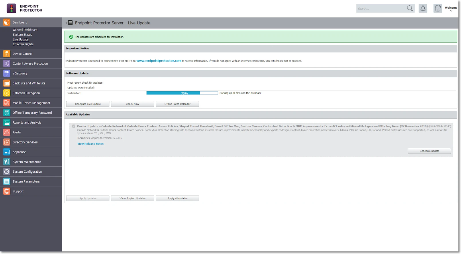 Software Update — active upgrade progress status