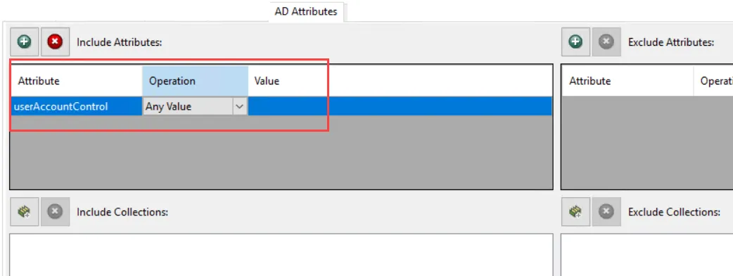 AD Attributes filter - serAccountControl attribute selected