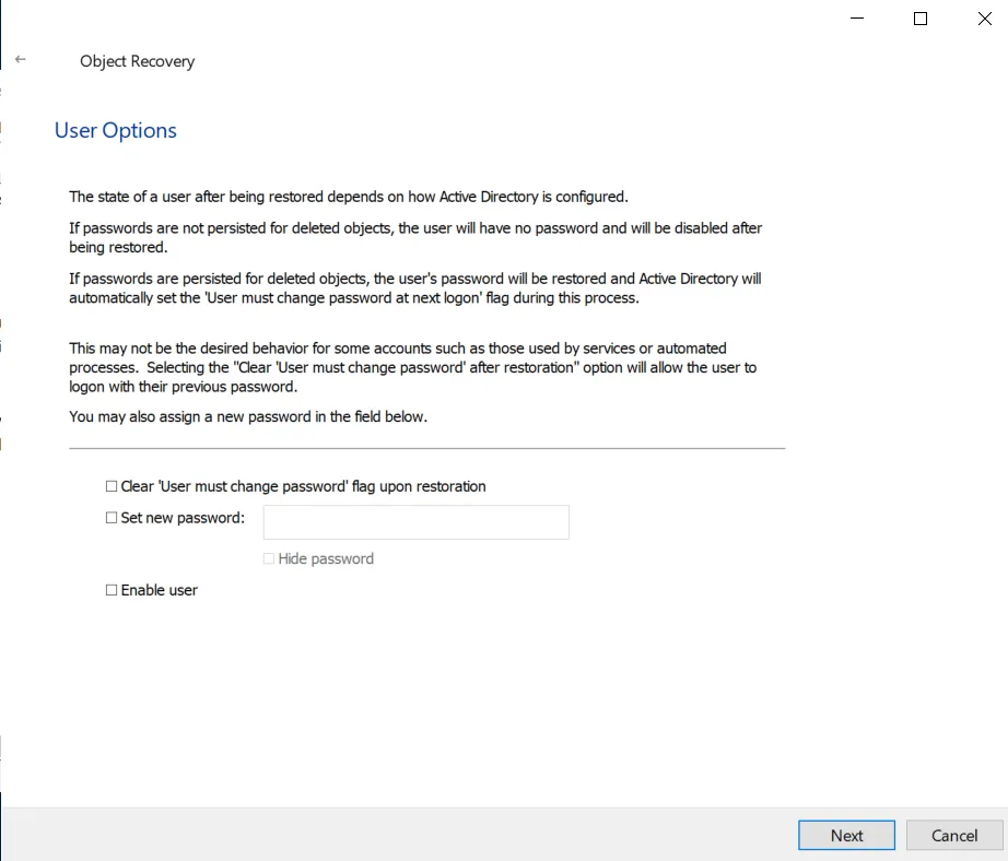 Object Recovery Wizard - User Options page