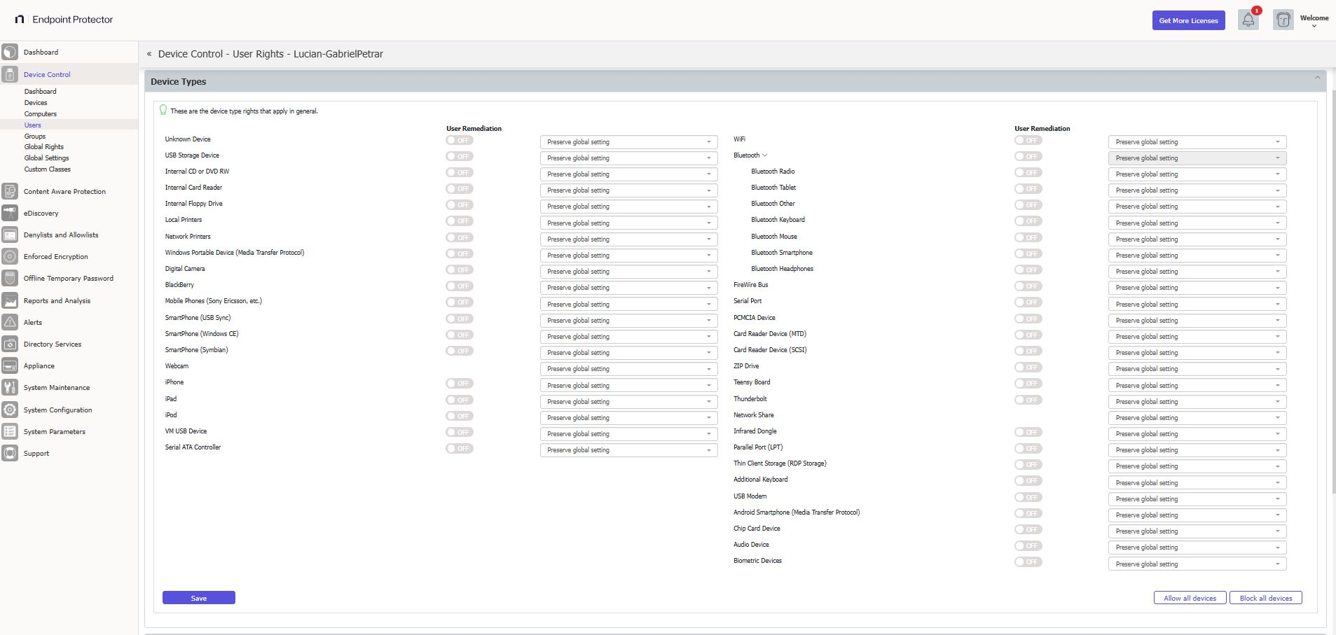 Allows Administrator to specify what Device Types and also what Speciﬁc Devices can be accessible