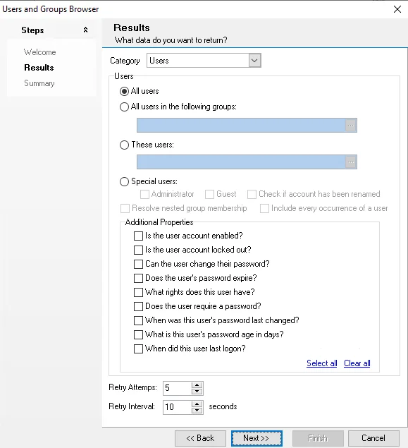 Users and Groups Browser wizard Results page Users category