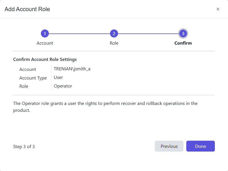 Add Account Role wizard – Confirm page
