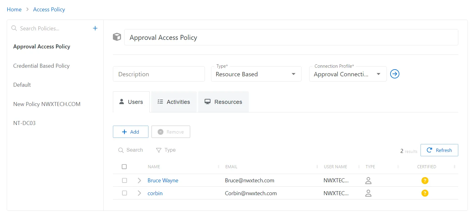 Resource based policy users tab