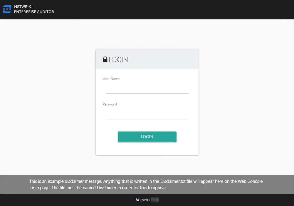 Web Console login page with disclaimer message