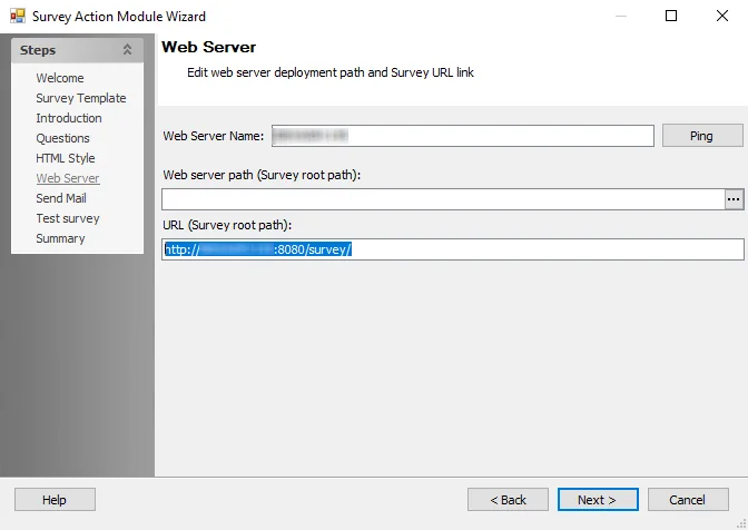 Survey Action Module Wizard Web Server page