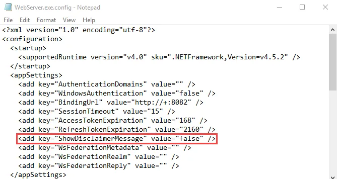 WebServer.exe.config file in Notepad