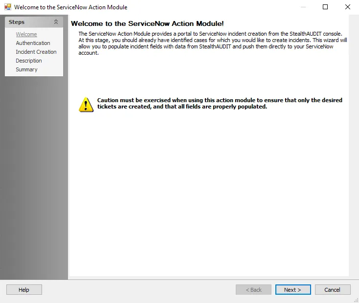 ServiceNow Action Module wizard Welcome page