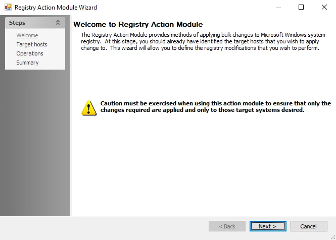 Registry Action Module Wizard Welcome page