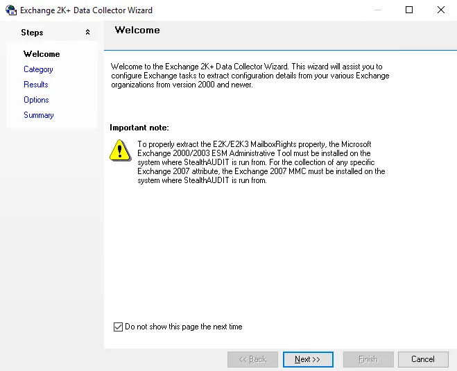 Exchange 2K+ Data Collector Wizard Welcome page