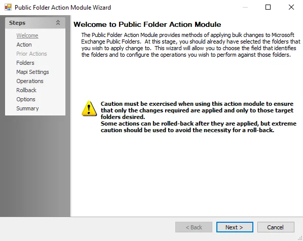 Public Folder Action Module Wizard Welcome page