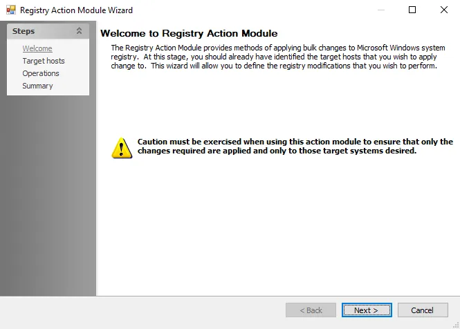 Registry Action Module Wizard Welcome page
