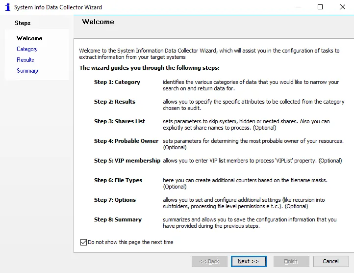 System Info Data Collector Wizard Welcome page