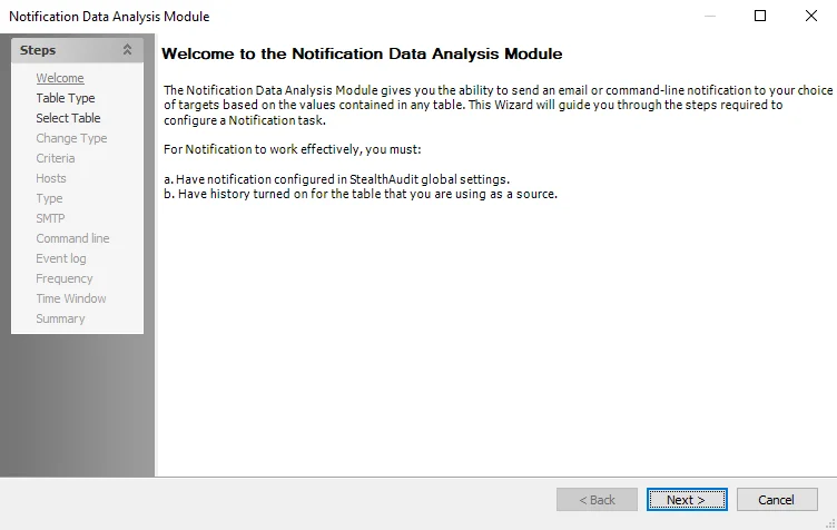 Notification Data Analysis Module wizard Welcome page