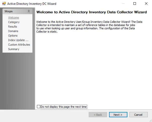 Active Directory Inventory DC Wizard Welcome page