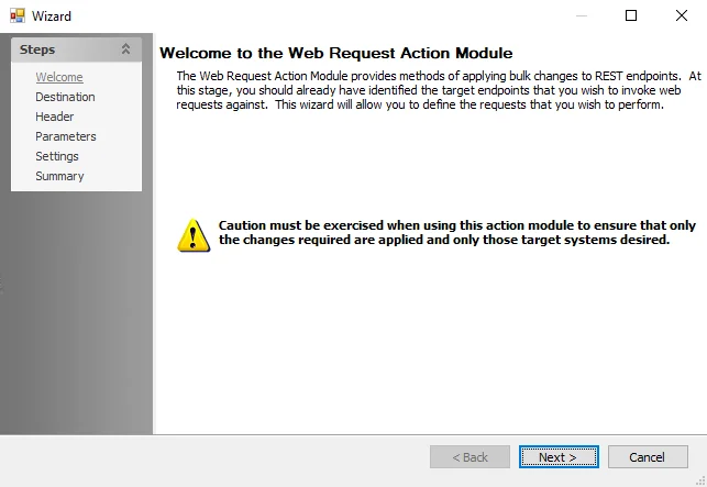 Web Request Action Module Wizard Welcome page