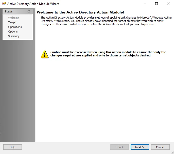 Active Directory Action Module Wizard Welcome page