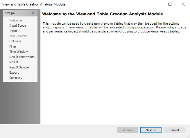 View and Table Creation Analysis Module wizard Welcome page